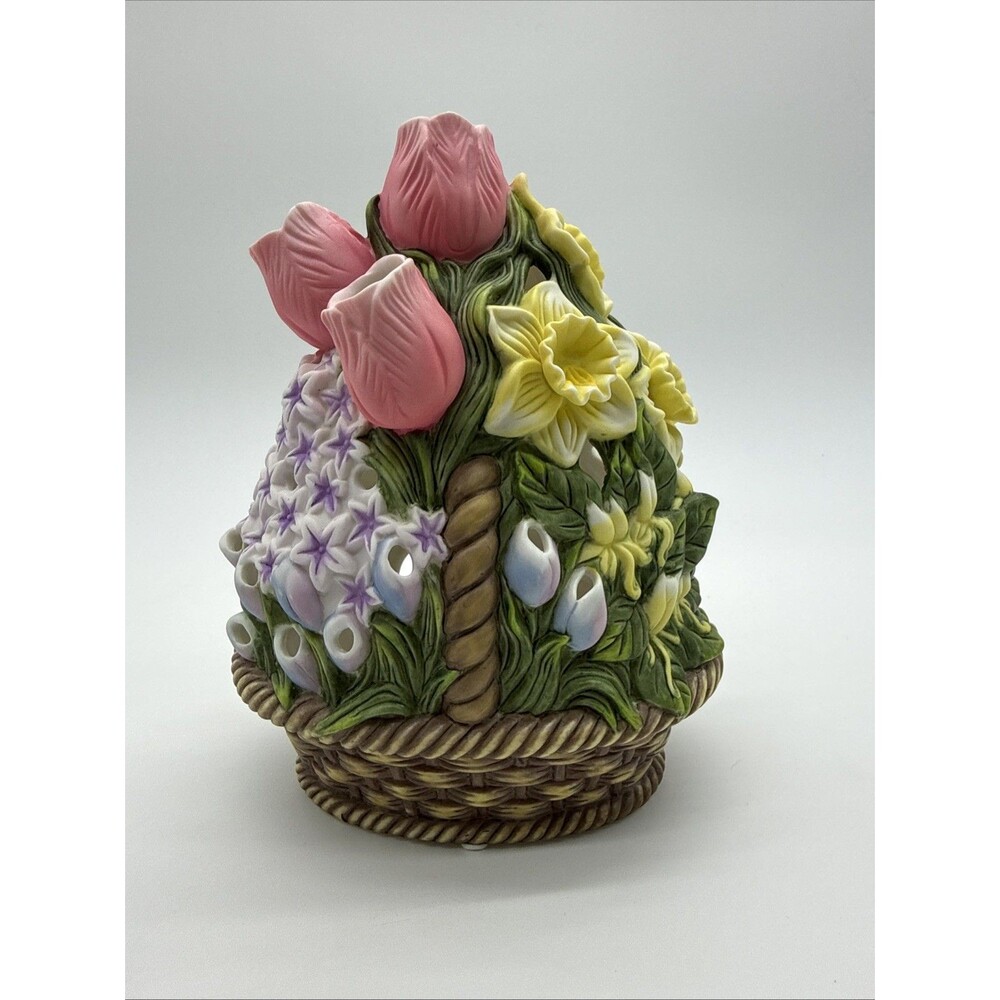 Partylite Spring Easter Floral Basket Tea Light Tulip Daffodil Hyacinth